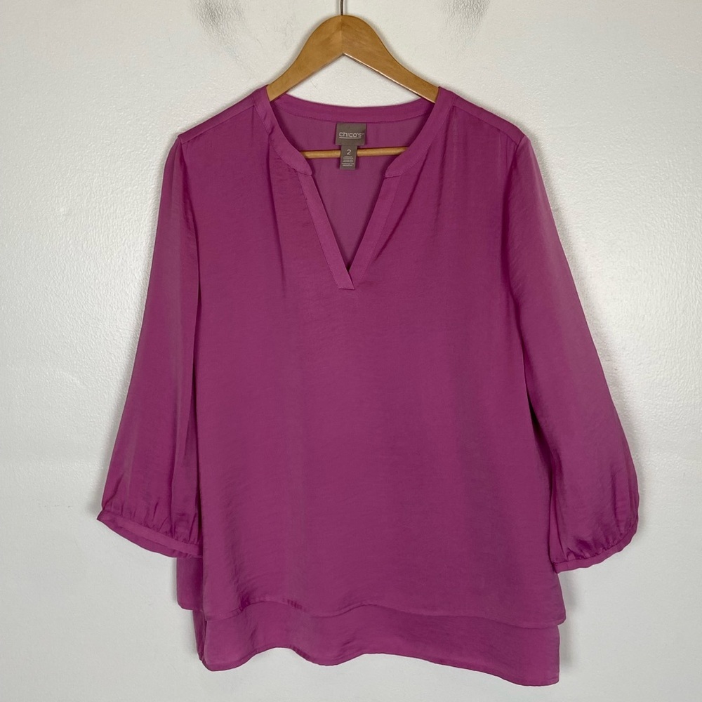 Chico's 3/4 Sleeves Satin Layered Top Size 2‎ US L Color Pink Puff Sleeves